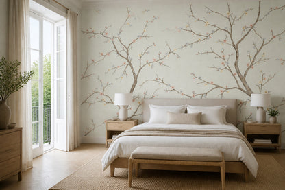 Cherry Blossoms Wallpaper Flowering Branches Ivory Background Wall Mural
