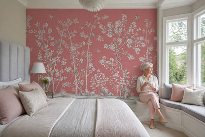 Chinoiserie Wallpaper Pink Removable Floral Wall Decor