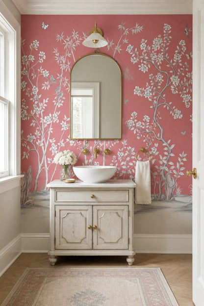 Chinoiserie Wallpaper Pink Removable Floral Wall Decor