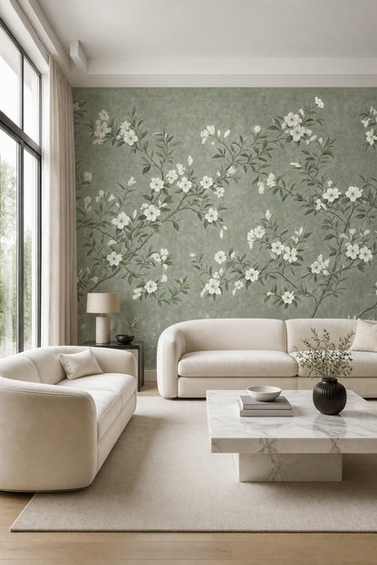 Floral Wallpaper Sage Green White Blossoms Removable Wall Decor