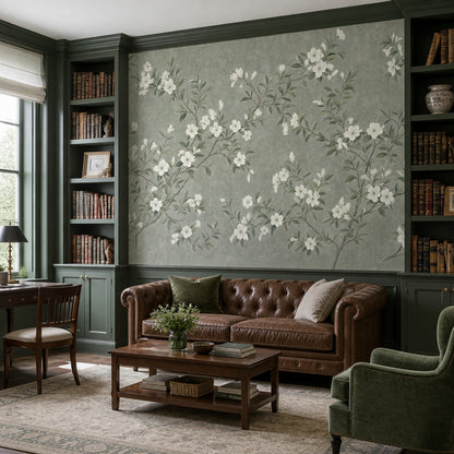 Floral Wallpaper Sage Green White Blossoms Removable Wall Decor