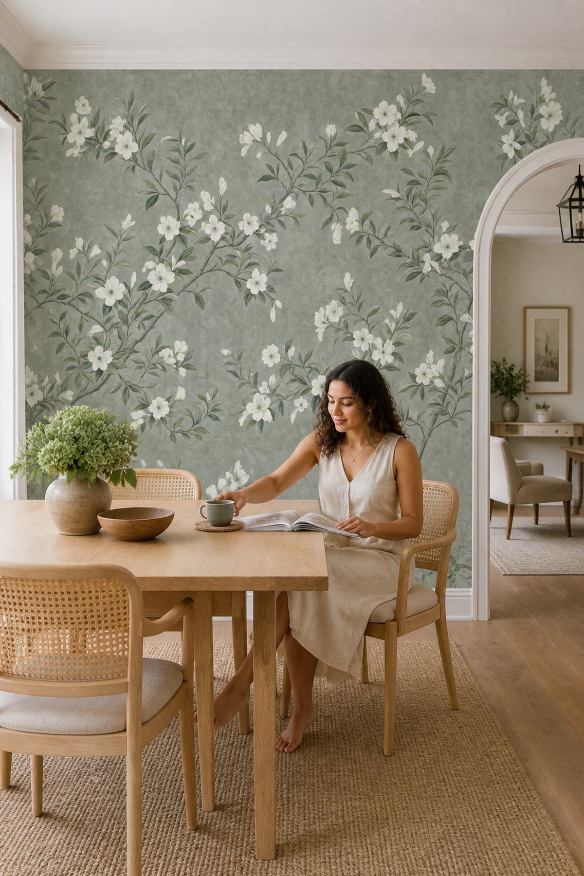 Floral Wallpaper Sage Green White Blossoms Removable Wall Decor