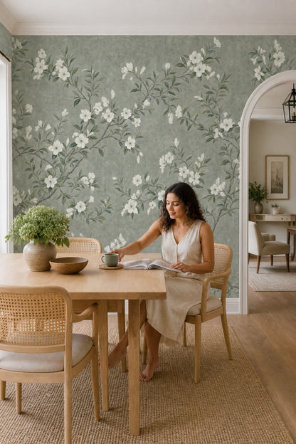 Floral Wallpaper Sage Green White Blossoms Removable Wall Decor