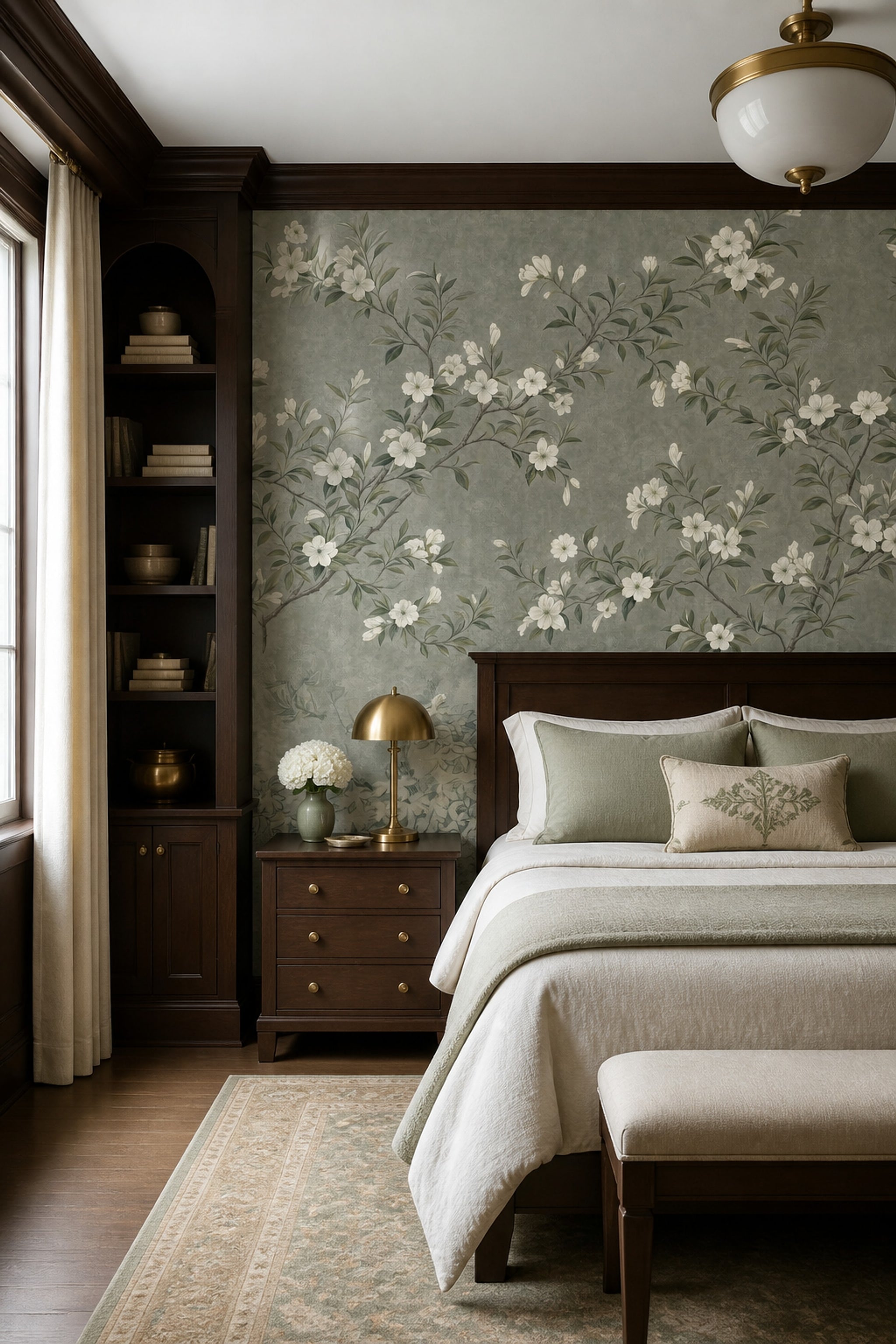Floral Wallpaper Sage Green White Blossoms Removable Wall Decor