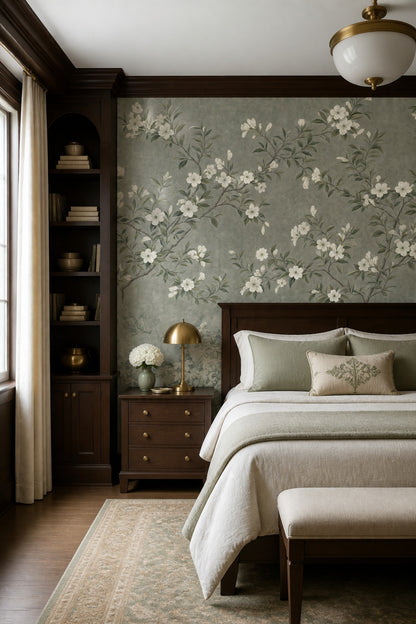 Floral Wallpaper Sage Green White Blossoms Removable Wall Decor