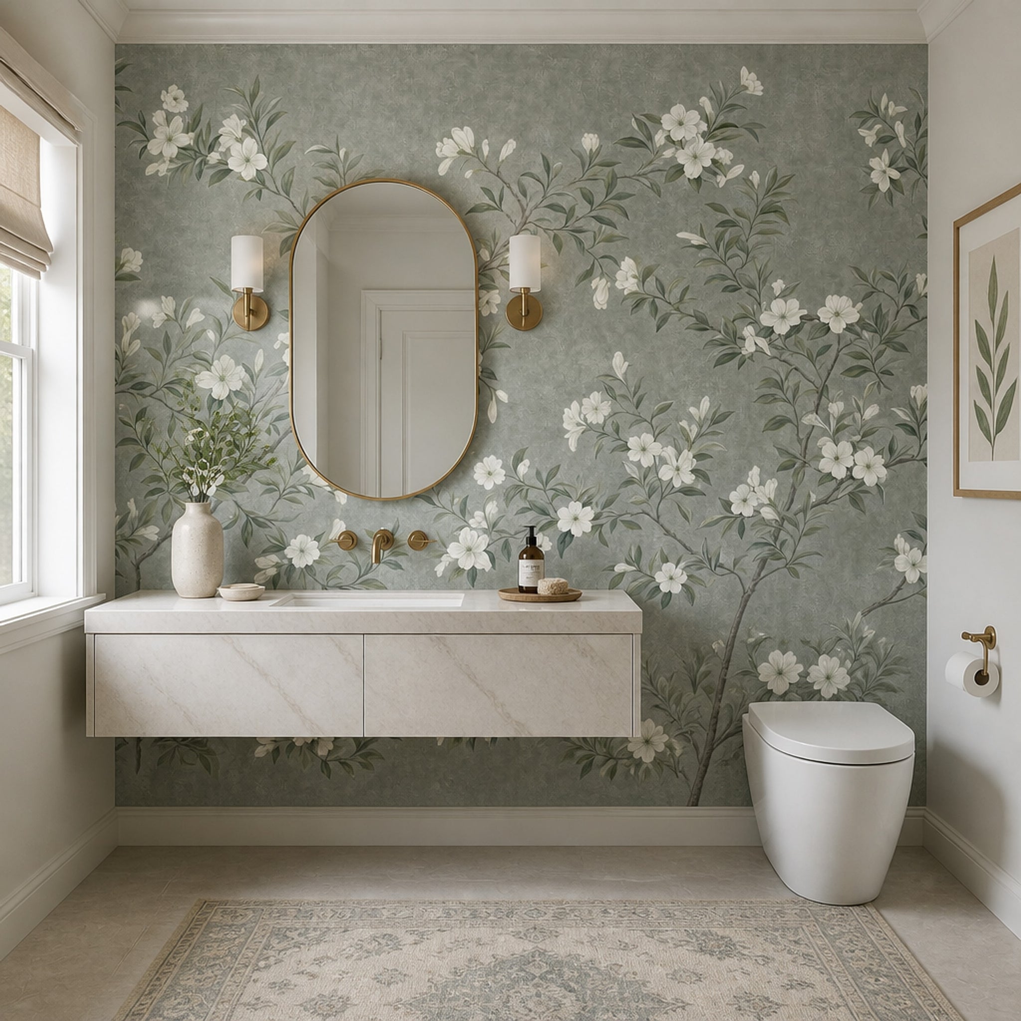 Floral Wallpaper Sage Green White Blossoms Removable Wall Decor