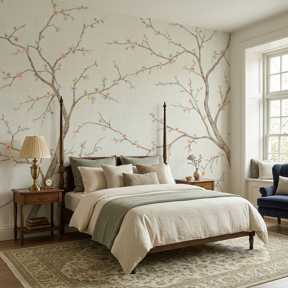 Cherry Blossoms Wallpaper Flowering Branches Ivory Background Wall Mural