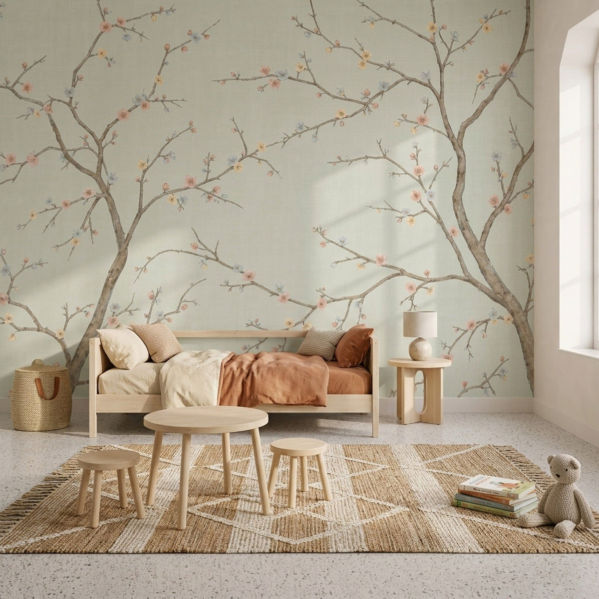 Cherry Blossoms Wallpaper Flowering Branches Ivory Background Wall Mural