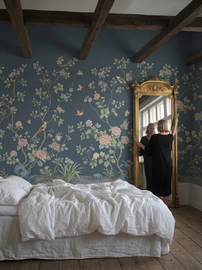 Chinoiserie Wallpaper Dark Blue Removable Peonies Wall Decor