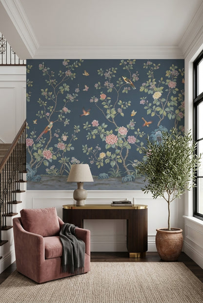 Chinoiserie Wallpaper Dark Blue Removable Peonies Wall Decor