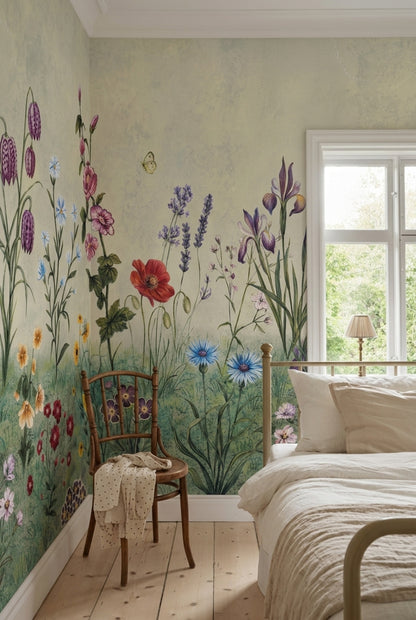 Muted Green Wallpaper Wildflower Botanical Removable Wall Decor