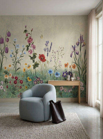Muted Green Wallpaper Wildflower Botanical Removable Wall Decor