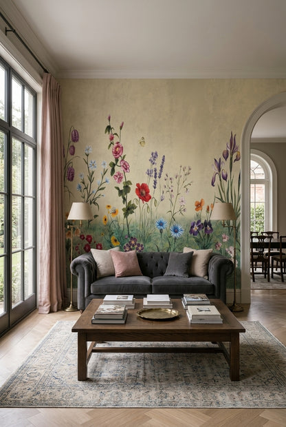 Muted Green Wallpaper Wildflower Botanical Removable Wall Decor
