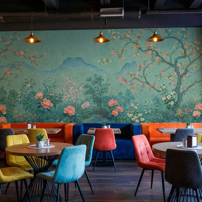 Chinoiserie Wallpaper Floral Landscape Teal Background Wall Mural