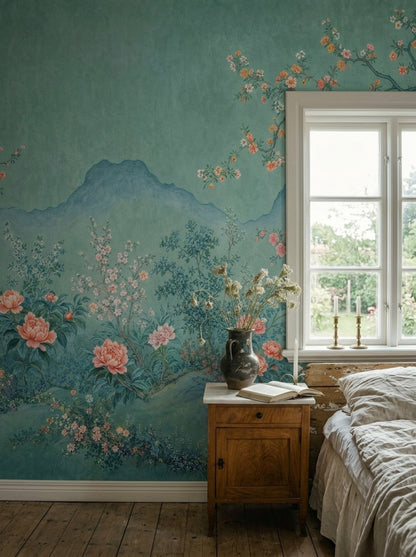 Chinoiserie Wallpaper Floral Landscape Teal Background Wall Mural