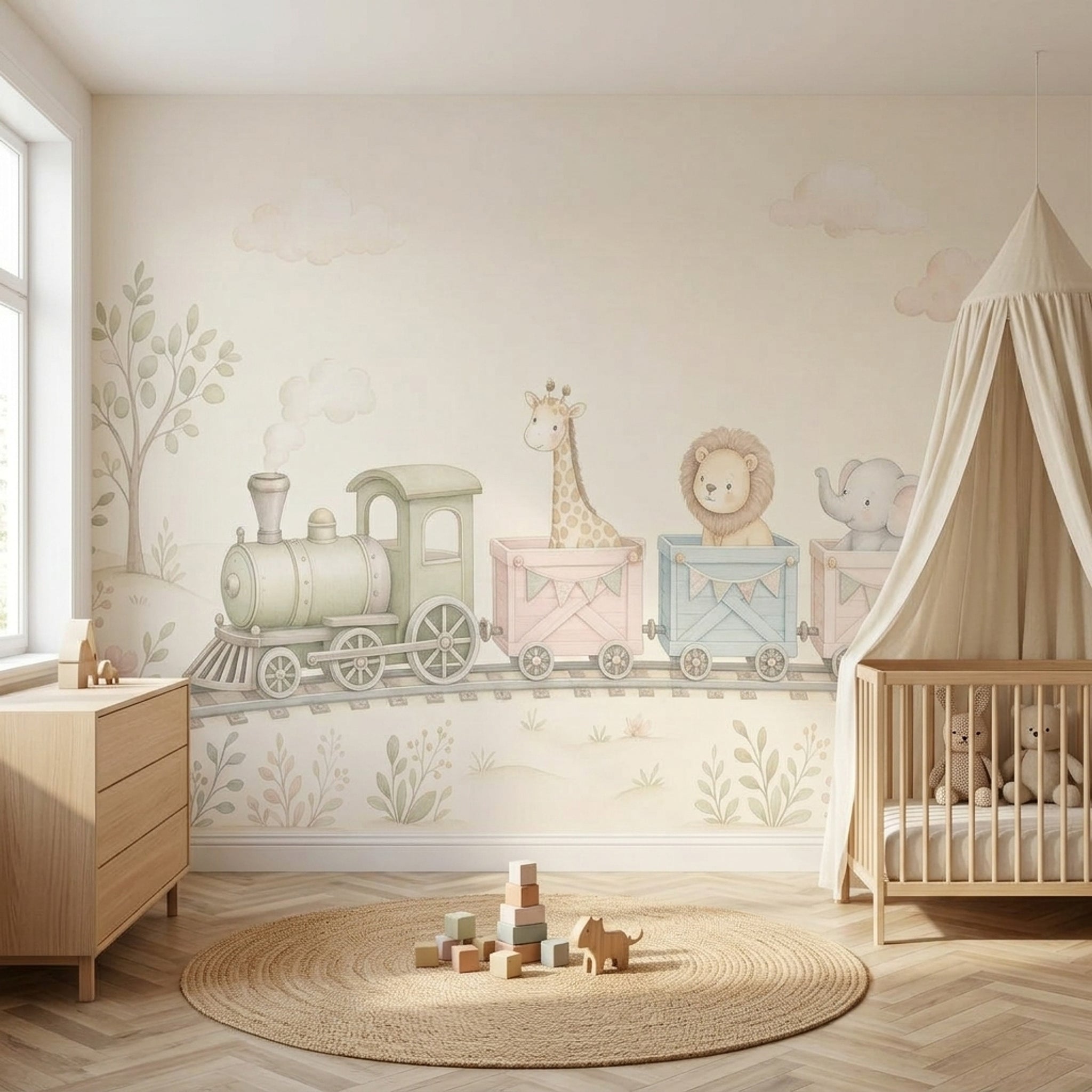 Nursery Train Wallpaper Watercolor Animals Removable Safari Animals Wall Decor