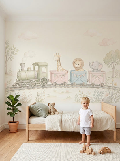 Nursery Train Wallpaper Watercolor Animals Removable Safari Animals Wall Decor