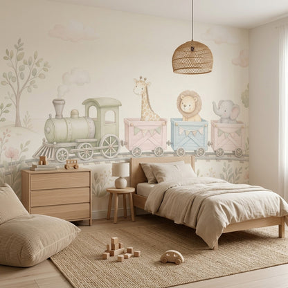 Nursery Train Wallpaper Watercolor Animals Removable Safari Animals Wall Decor