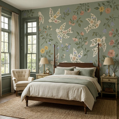 Floral Birds Wallpaper White Doves Sage Green Wall Mural
