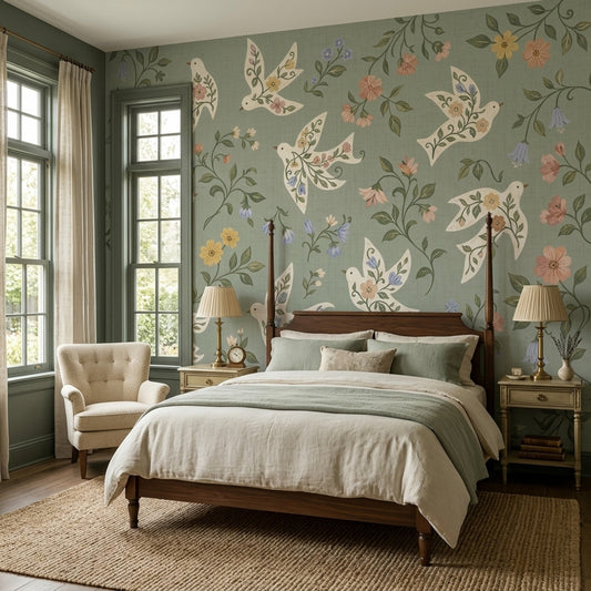 Floral Birds Wallpaper White Doves Sage Green Wall Mural