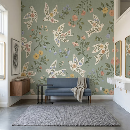 Floral Birds Wallpaper White Doves Sage Green Wall Mural