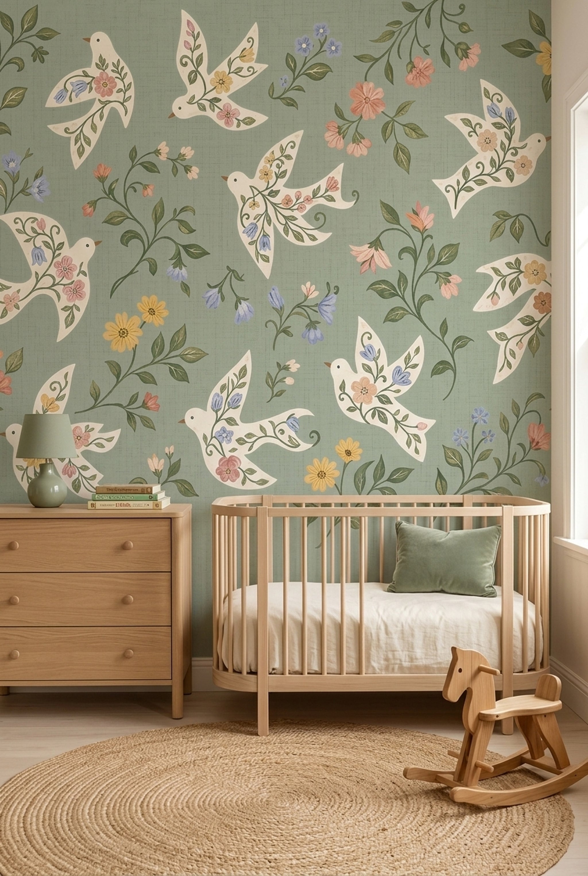 Floral Birds Wallpaper White Doves Sage Green Wall Mural