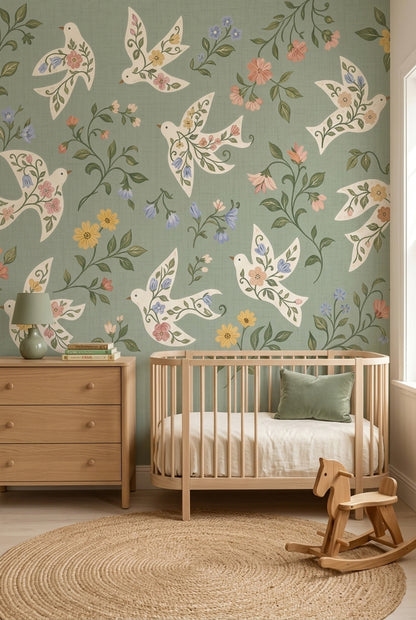 Floral Birds Wallpaper White Doves Sage Green Wall Mural