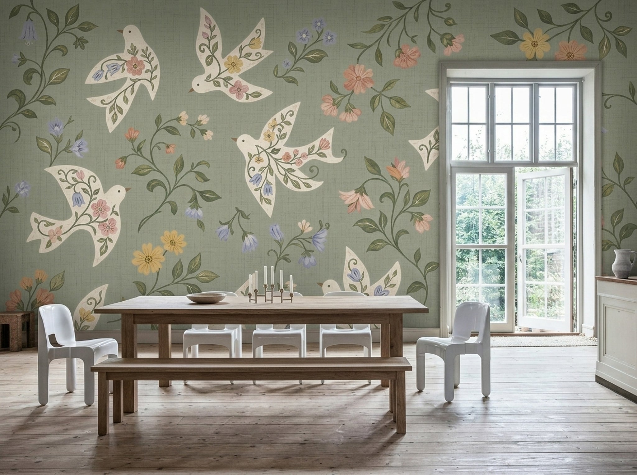 Floral Birds Wallpaper White Doves Sage Green Wall Mural
