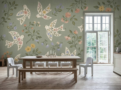 Floral Birds Wallpaper White Doves Sage Green Wall Mural