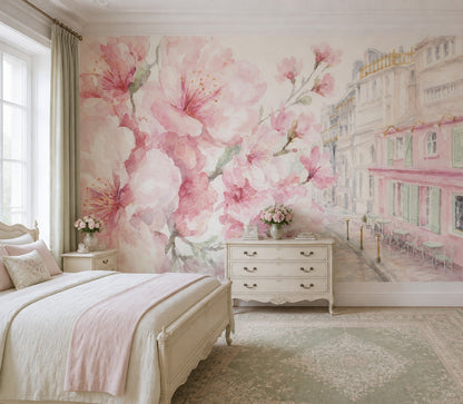 Pink Cherry Wallpaper Muted Green Removable Wall Decor