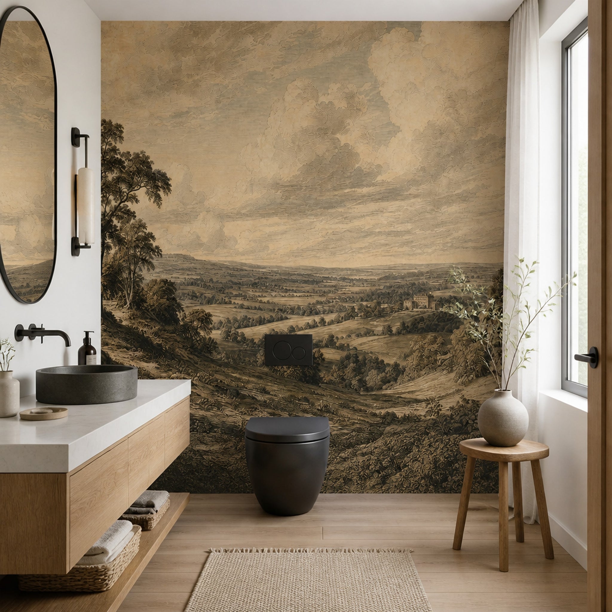 Vintage Landscape Wallpaper Pastoral Countryside Engraved Wall Mural