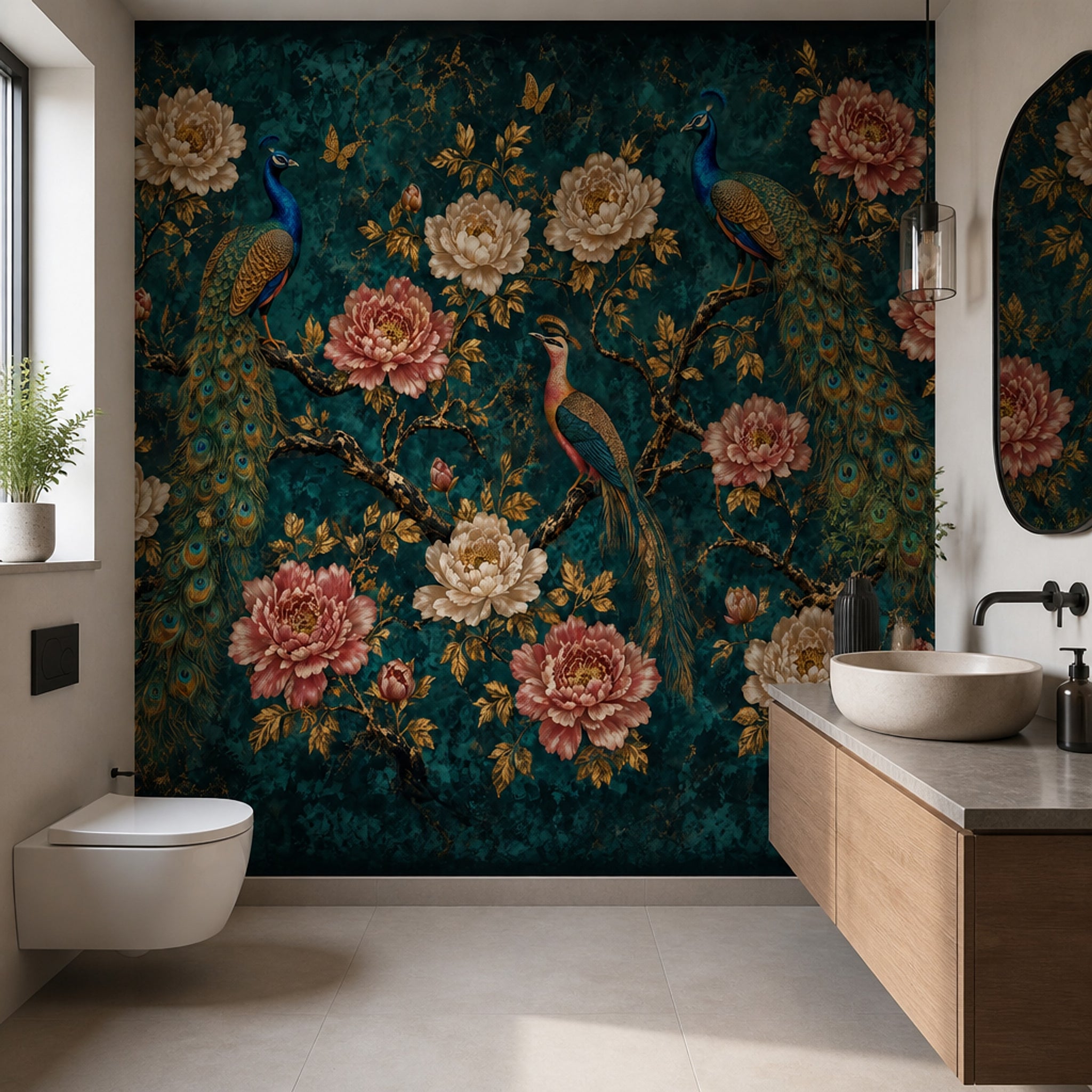 Peacock Wallpaper Dark Teal Background Chinoiserie Removable Wall Decor