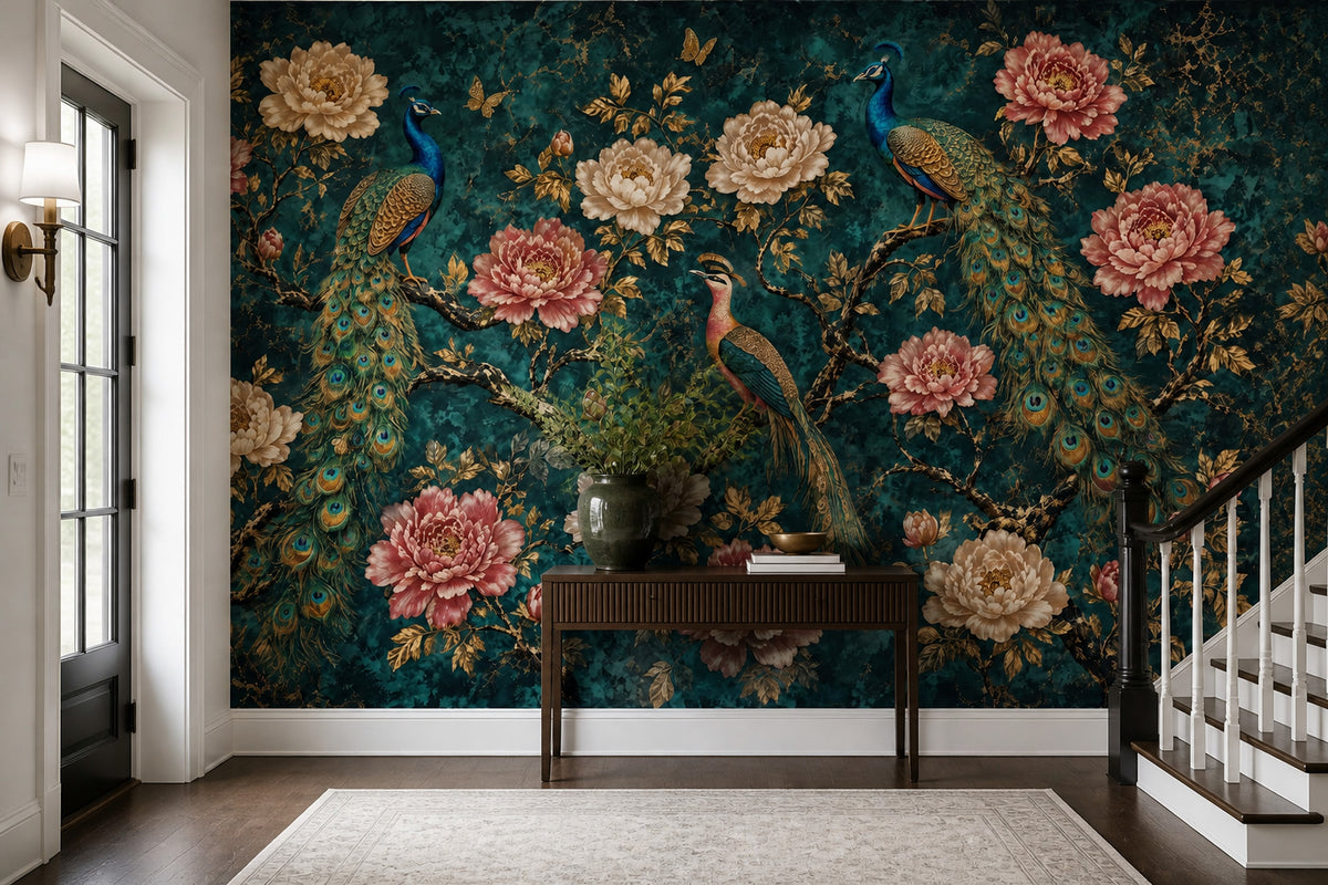 Peacock Wallpaper Dark Teal Background Chinoiserie Removable Wall Decor