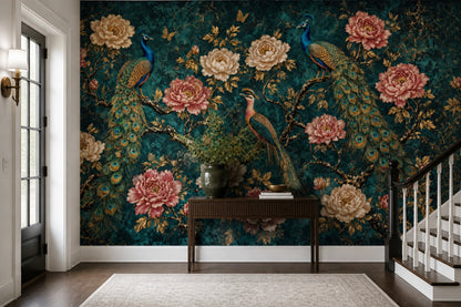 Peacock Wallpaper Dark Teal Background Chinoiserie Removable Wall Decor