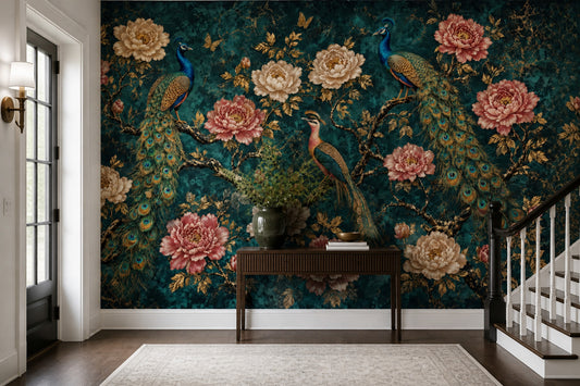 Peacock Wallpaper Dark Teal Background Chinoiserie Removable Wall Decor