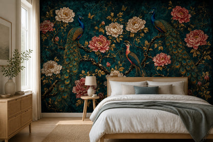 Peacock Wallpaper Dark Teal Background Chinoiserie Removable Wall Decor