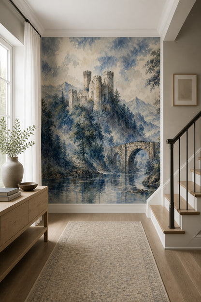 Scenic Landscape Wallpaper Castle River Removable Mountain Wall Decor
