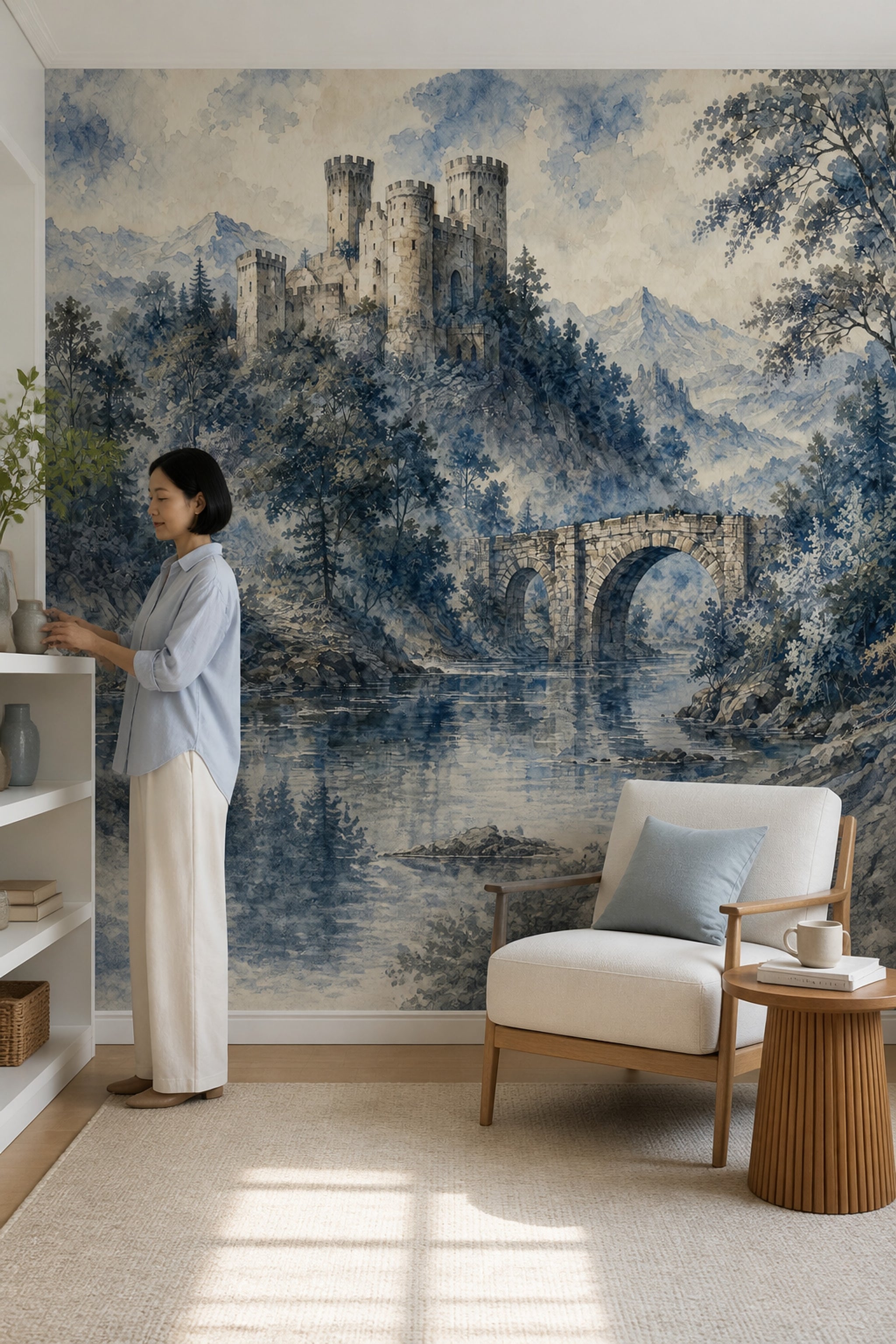 Scenic Landscape Wallpaper Castle River Removable Mountain Wall Decor