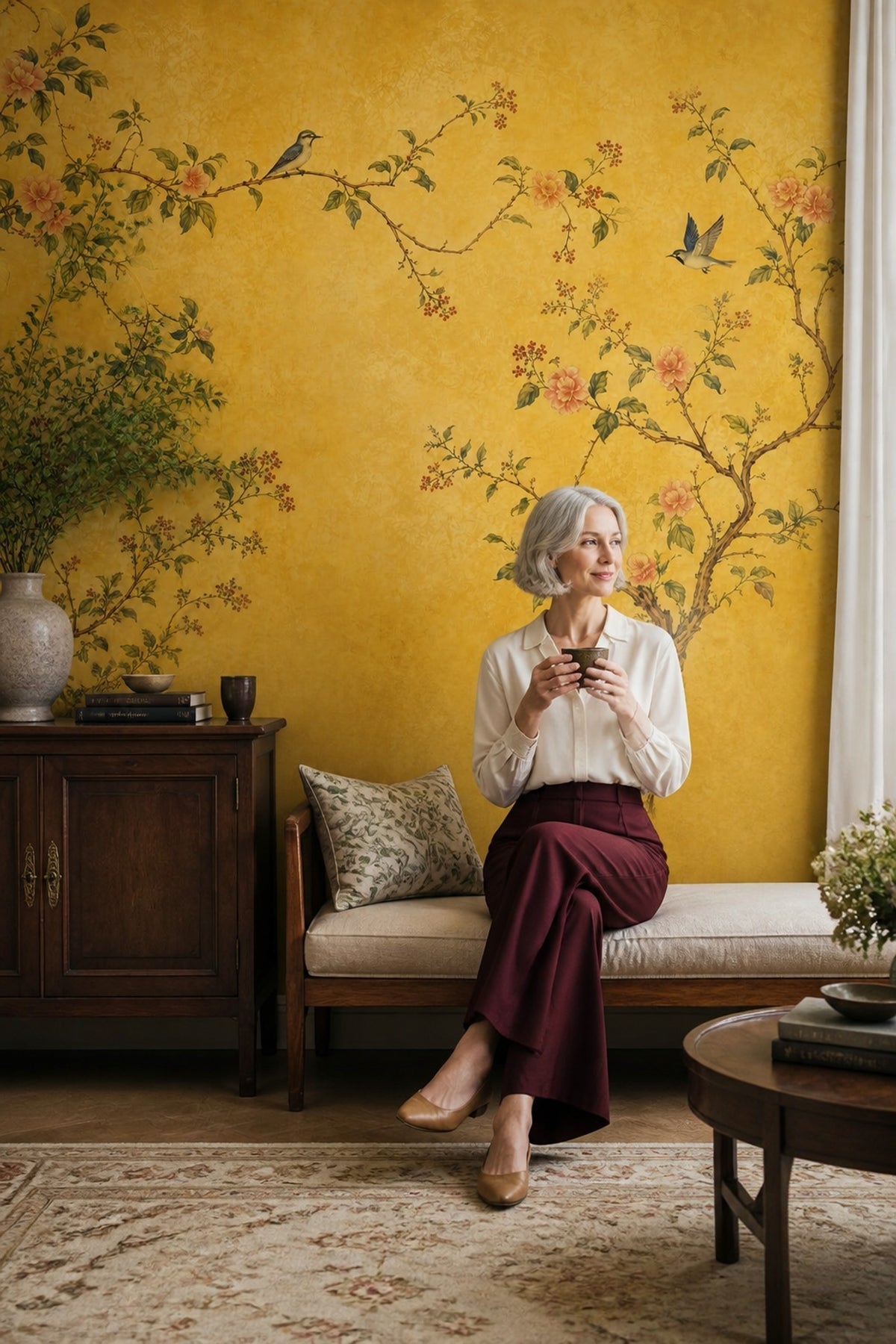 Muted Green Wallpaper Chinoiserie Removable Botanical Wall Decor