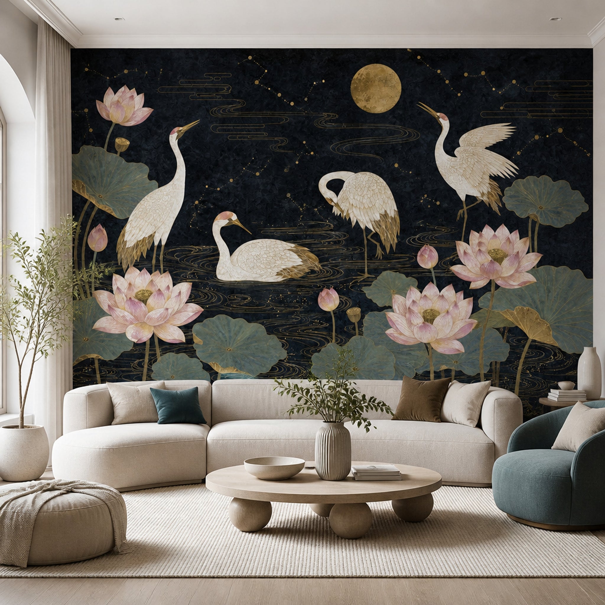 Cranes Wallpaper Lotus Chinoiserie Removable Wall Decor