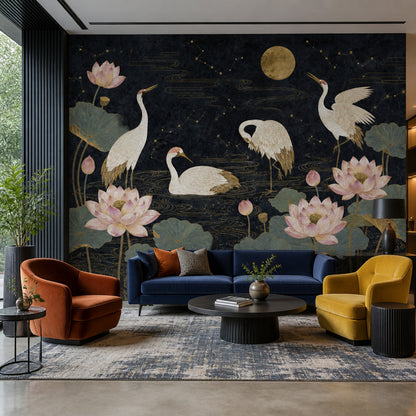 Cranes Wallpaper Lotus Chinoiserie Removable Wall Decor