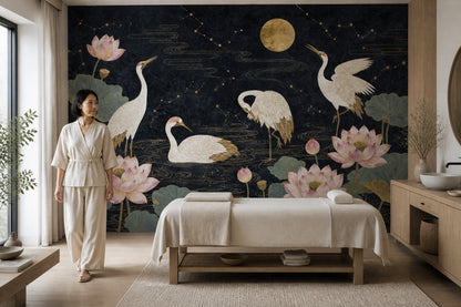 Cranes Wallpaper Lotus Chinoiserie Removable Wall Decor
