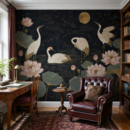 Cranes Wallpaper Lotus Chinoiserie Removable Wall Decor