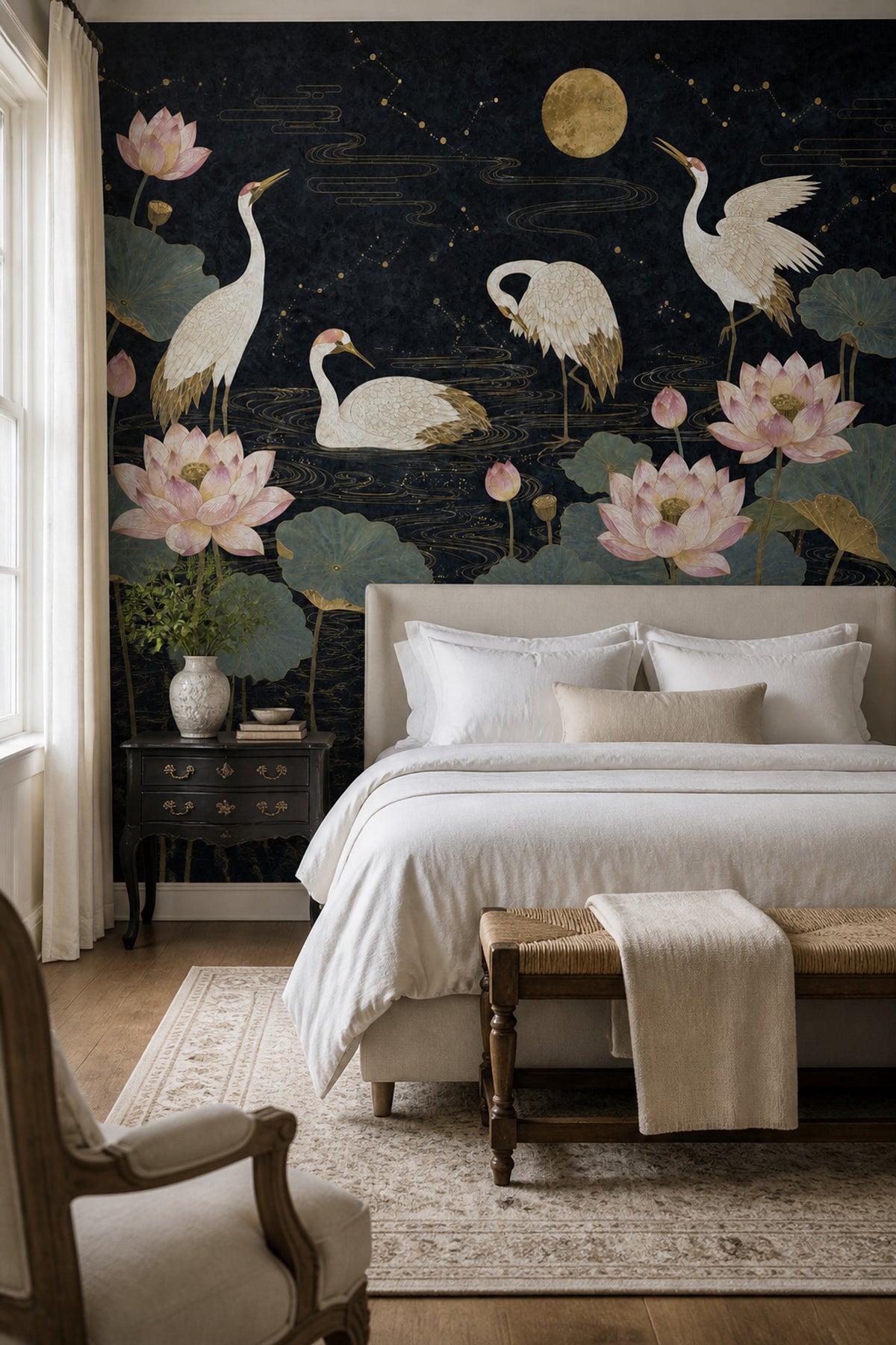Cranes Wallpaper Lotus Chinoiserie Removable Wall Decor