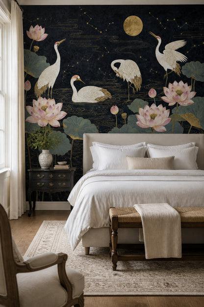 Cranes Wallpaper Lotus Chinoiserie Removable Wall Decor