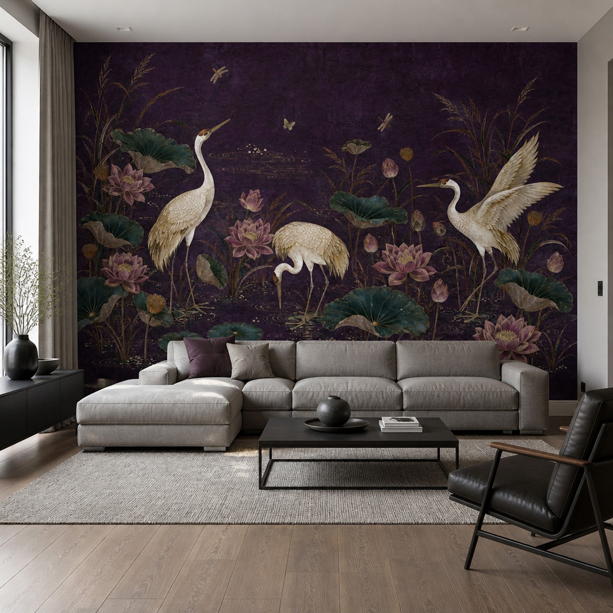 Chinoiserie Wallpaper Cranes Lotus Wall Mural