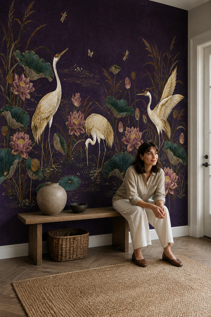Chinoiserie Wallpaper Cranes Lotus Wall Mural