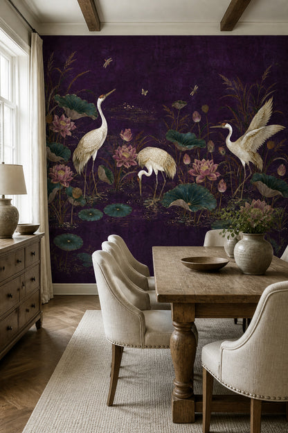 Chinoiserie Wallpaper Cranes Lotus Wall Mural