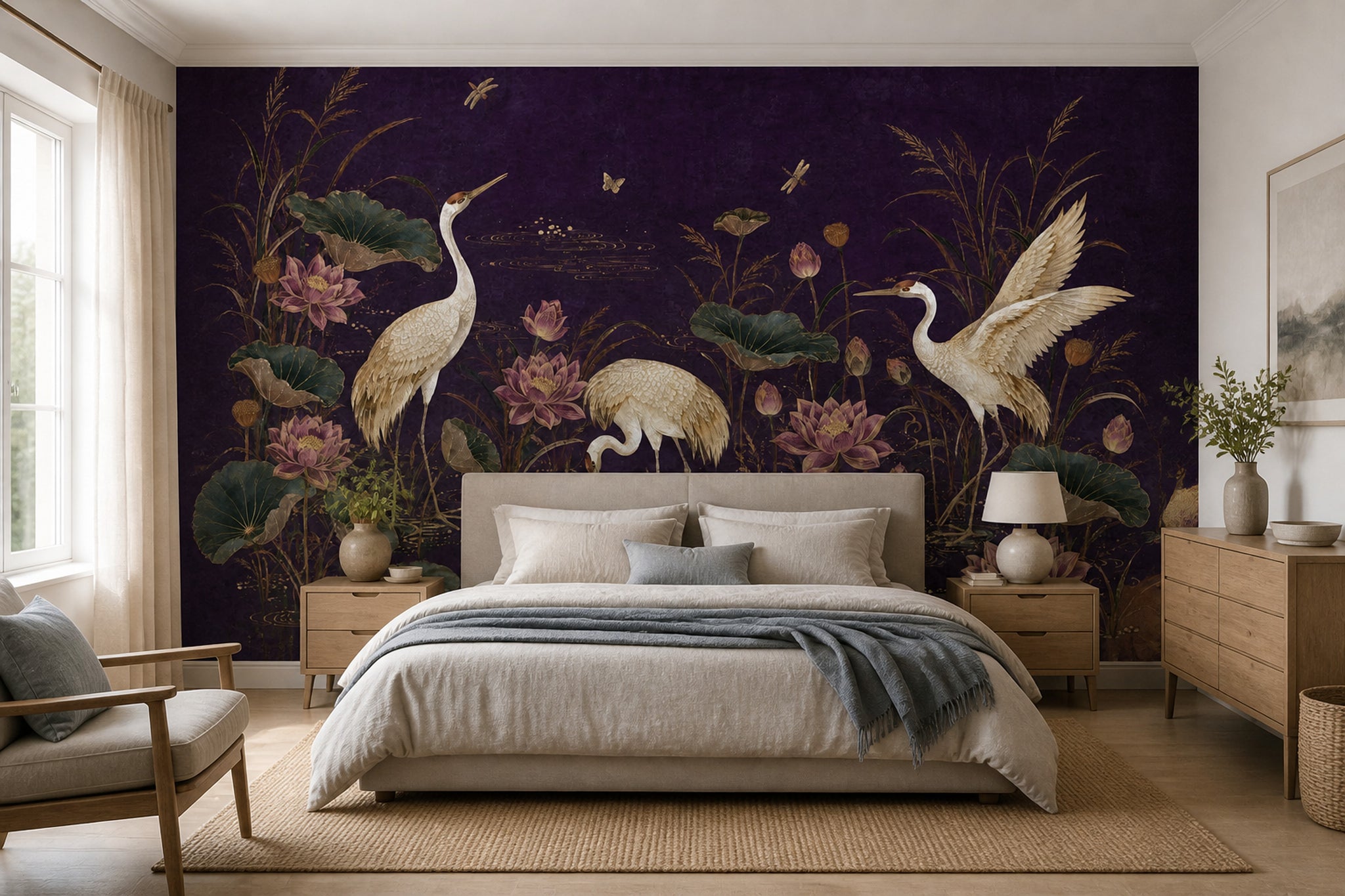 Chinoiserie Wallpaper Cranes Lotus Wall Mural