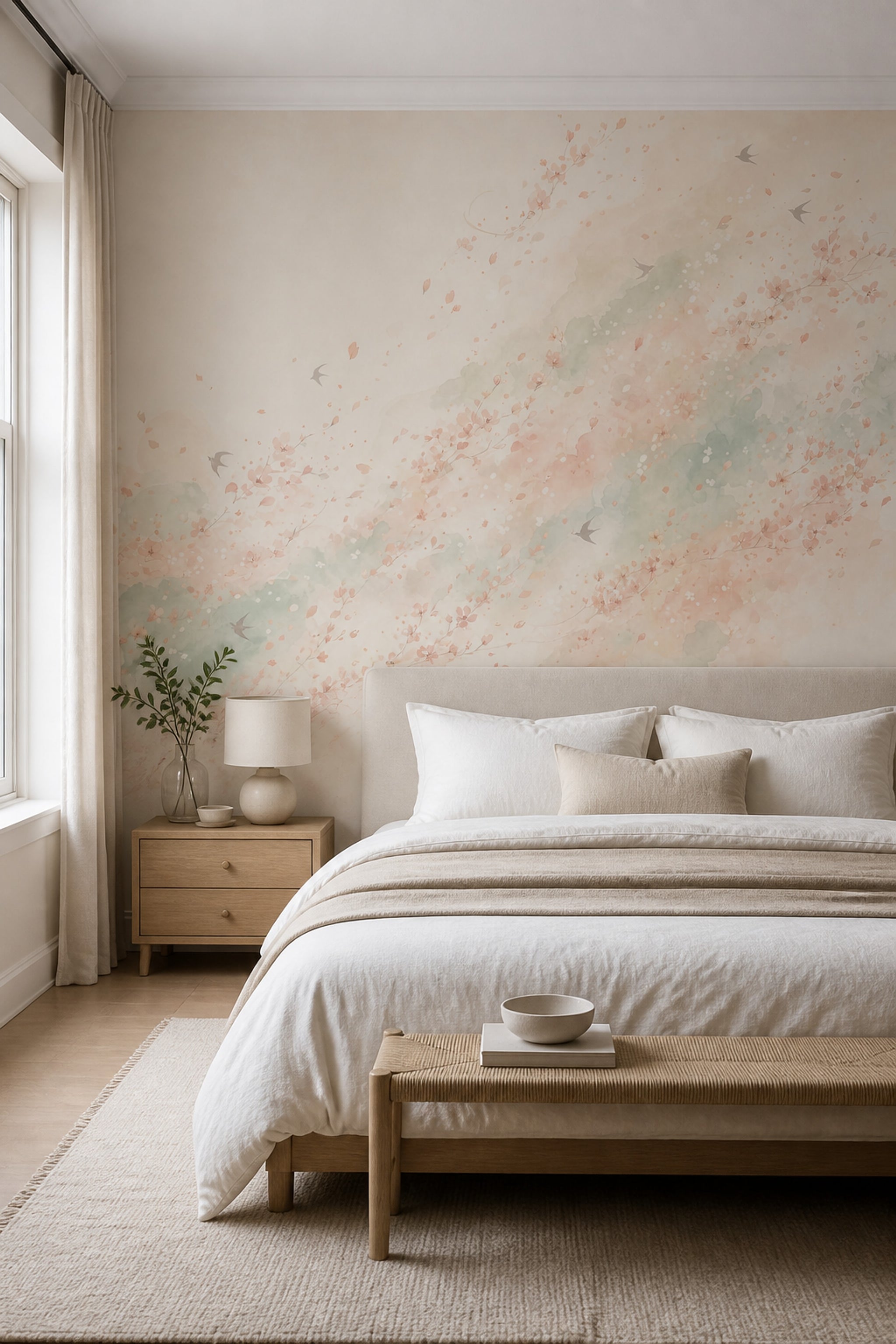 Cherry Blossoms Wallpaper Watercolor East Asian Inspired Removable Wall Decor